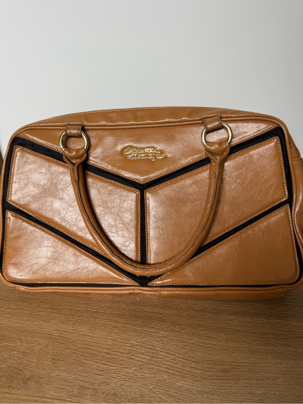 Christian Audigier Tan Satchel with Black Trim and Gold Hardware